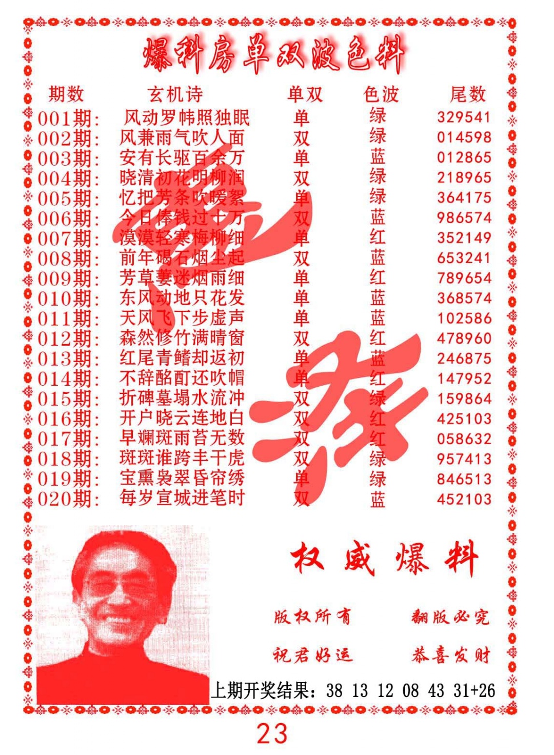 015期爆料房单双波色料[图]